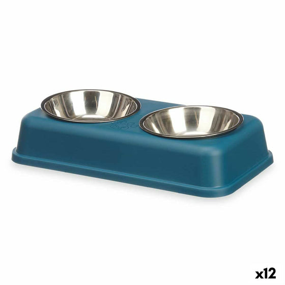 Comedero para Gato Doble Azul Metal 35 x 7,5 x 19 cm (12 Unidades)